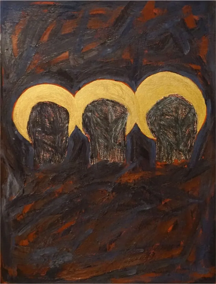Painting of three dark totemic figures beneath golden crescent halos against a turbulent rust and charcoal ground.