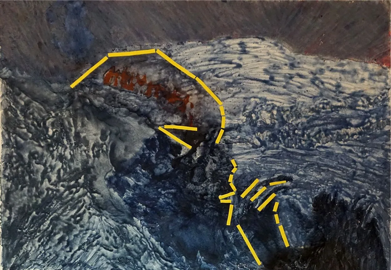 Mixed media work with yellow tape lines forming a schematic head and hand shape over a textured blue-grey and red surface.