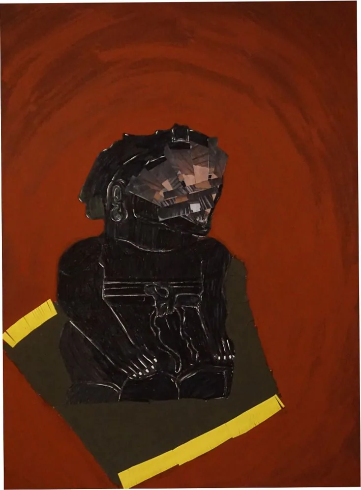 Collage and charcoal drawing of a dark helmeted bust figure against a deep red background, with yellow tape marking the corners of a ground plane.
