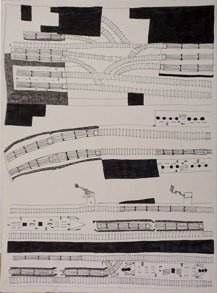 Detailed pen and ink drawing of a train depot in schematic plan view, with rail lines, carriages, and signal towers rendered in precise linework.
