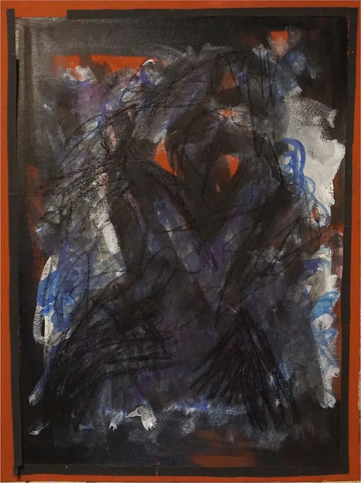 Expressive mixed media painting with dense black and blue gestural marks over a smoldering orange ground.